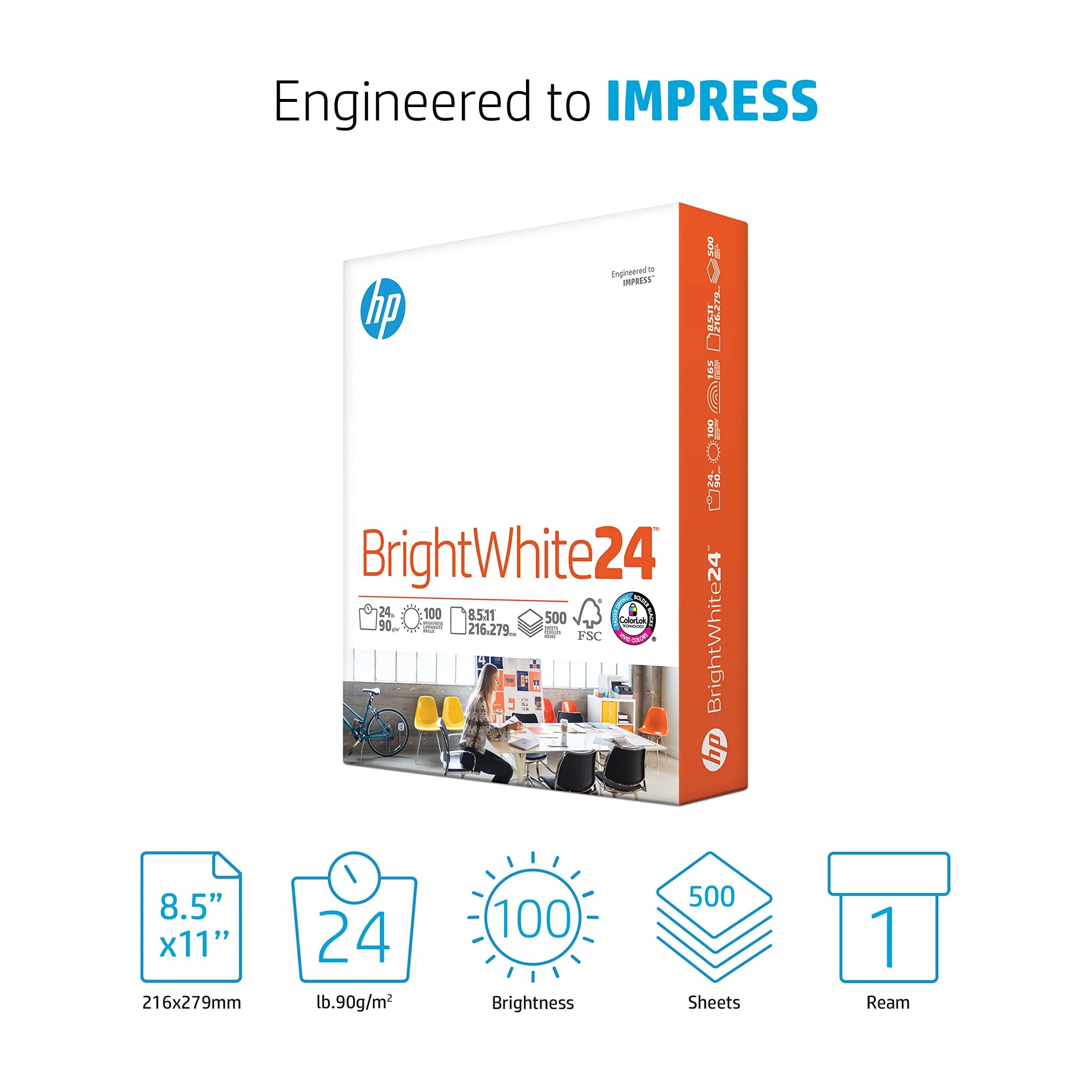 HP Papers BrightWhite 24 lb Letter Size 500 Sheets | 100 Brightness, FSC Certified, ColorLok Technology - view 2