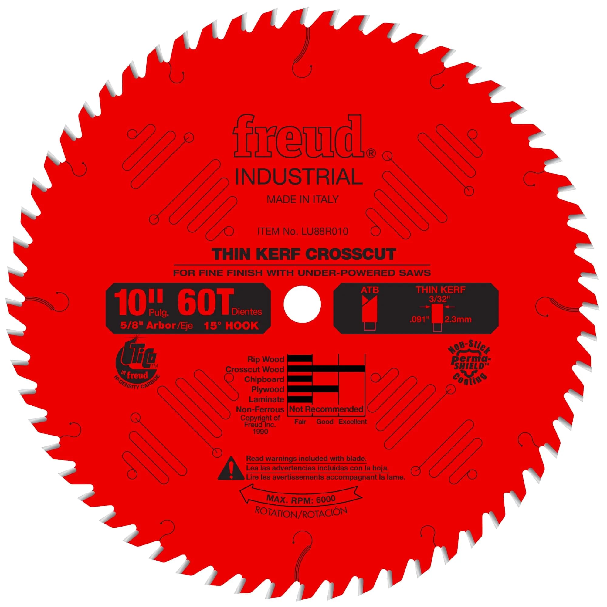 Freud 10-Inch 60 Tooth ATB Thin Kerf Crosscut Blade | Precise Finish for Hardwood & Softwood