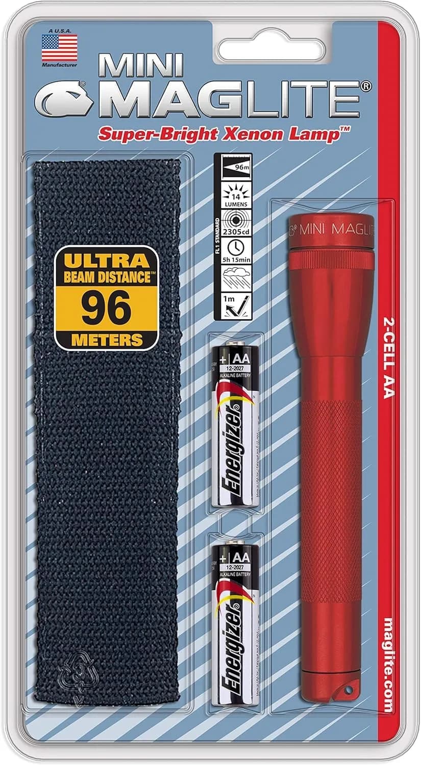 MagLite Mini Incandescent Flashlight Red 2-Cell AA (5.75 inches) | Classic Xenon Bulb, 14 Lumens, 96m Beam - main product image