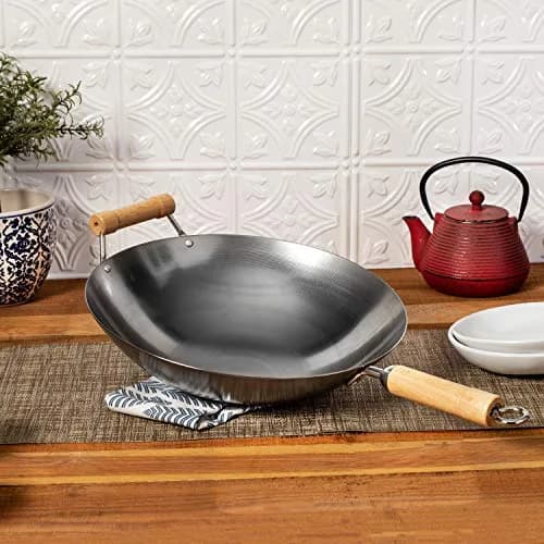 Joyce Chen Classic Series 14-Inch Round Bottom Carbon Steel Wok with Birch Handles | Traditional Asian-Style Cookware thumbnail 2