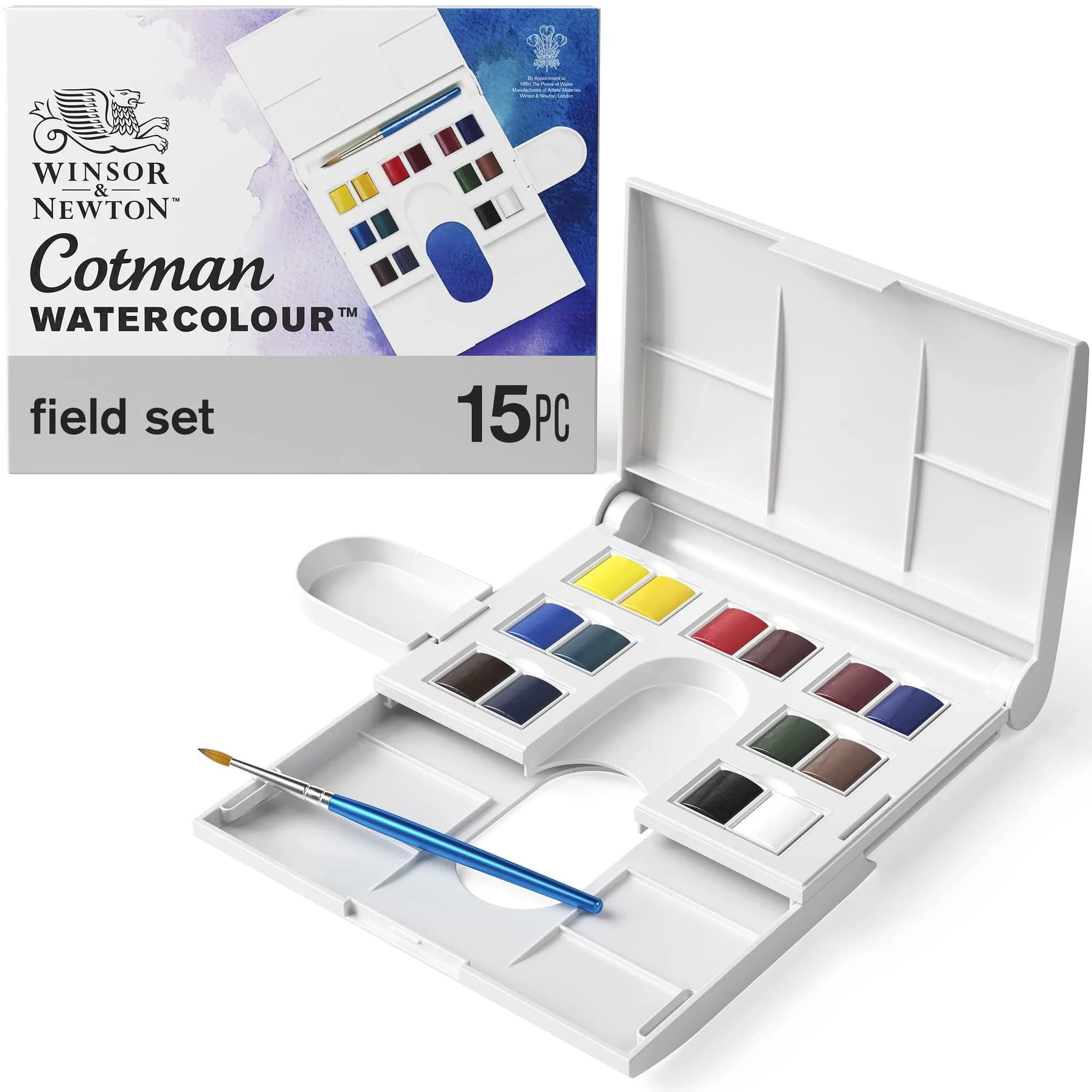 Winsor & Newton Cotman Watercolor Paint Set, Field Set, 14 Half Pan w/ Brush, Mixing Palette (14 Colors, 5ml Each) | Non-Toxic Art Paint