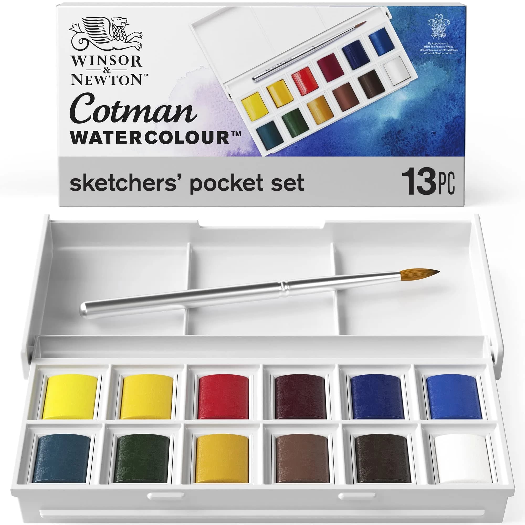 Winsor & Newton Cotman Watercolor Paint Set, Sketchers' Pocket Box, 12 Half Pans & Brush | Artist Grade Watercolor - main product image