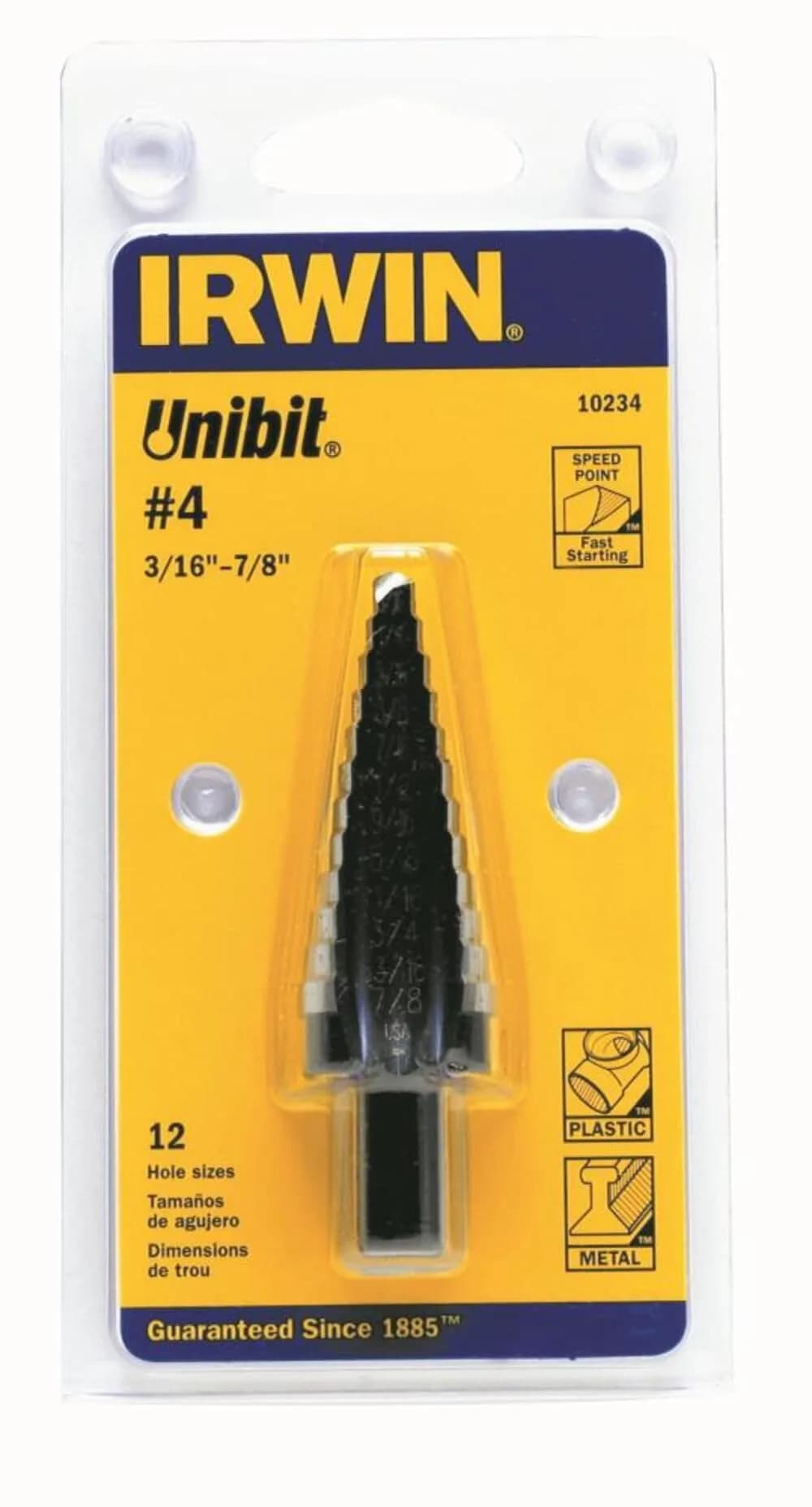 IRWIN 10234 Unibit #4 Step Drill Bit 3/16-7/8" (2.2-22.2mm) | High Speed Steel with 3-Flat Shank - main product image