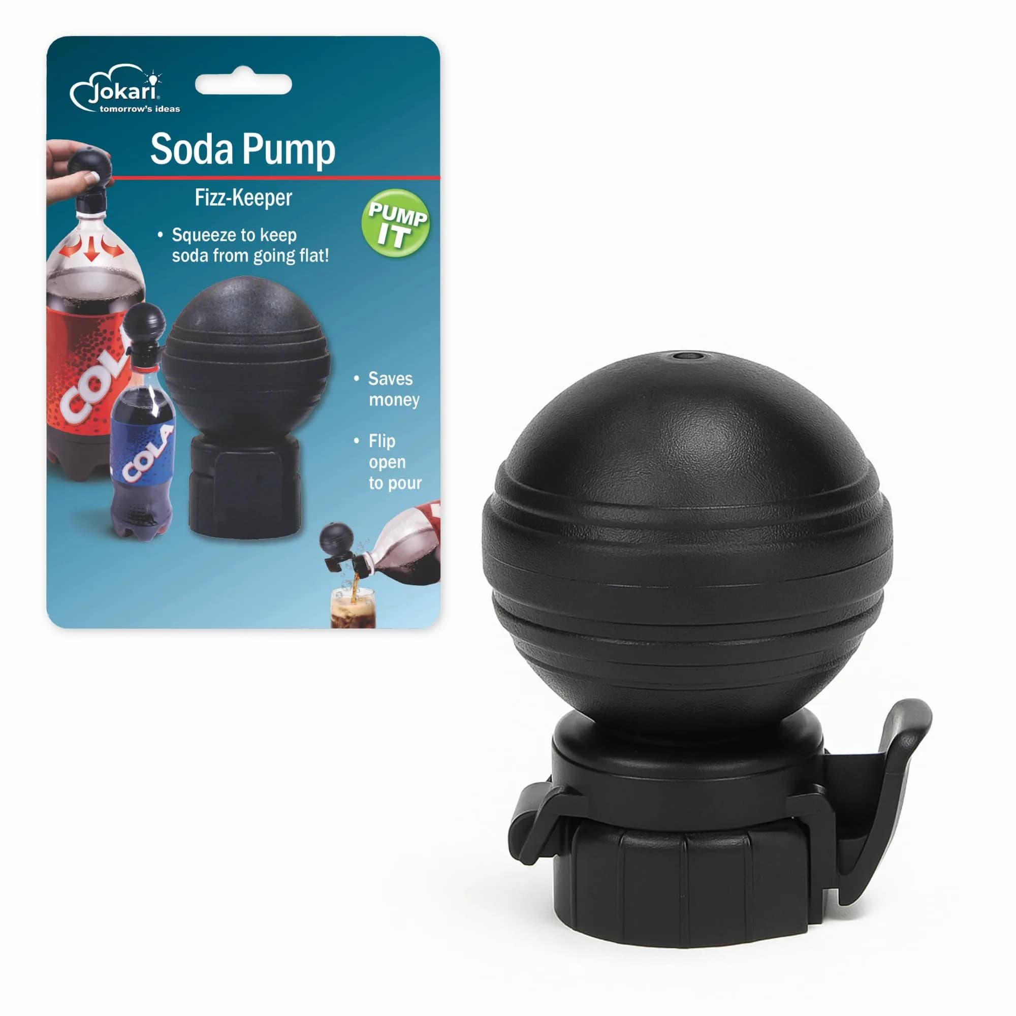 Jokari Keeper Pump & Pour Soda Bottle Cap | Preserves Carbonation, Reusable, Fits Most Plastic Bottles — Black
