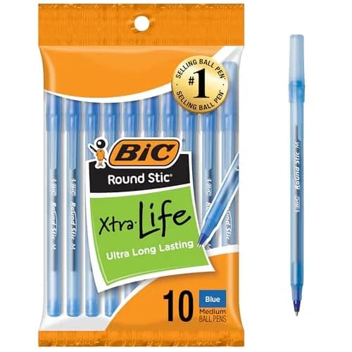 BIC Round Stic Xtra Life Blue Ballpoint Pens, Medium Point (1.0mm), 10-Count Pack | Smooth Writing Comfort — Blue