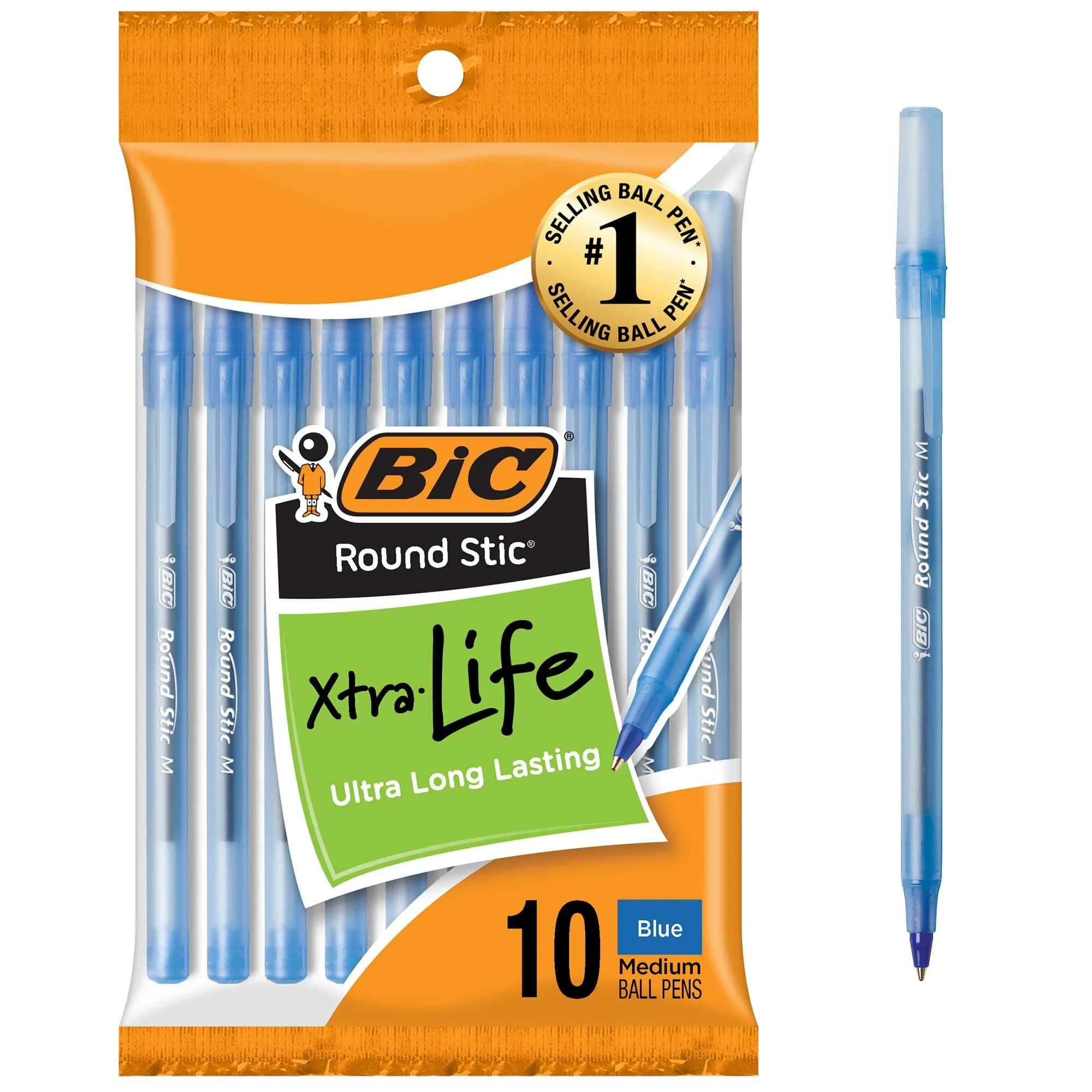 BIC Round Stic Xtra Life Blue Ballpoint Pens, Medium Point (1.0mm), 10-Count Pack | Smooth Writing Comfort