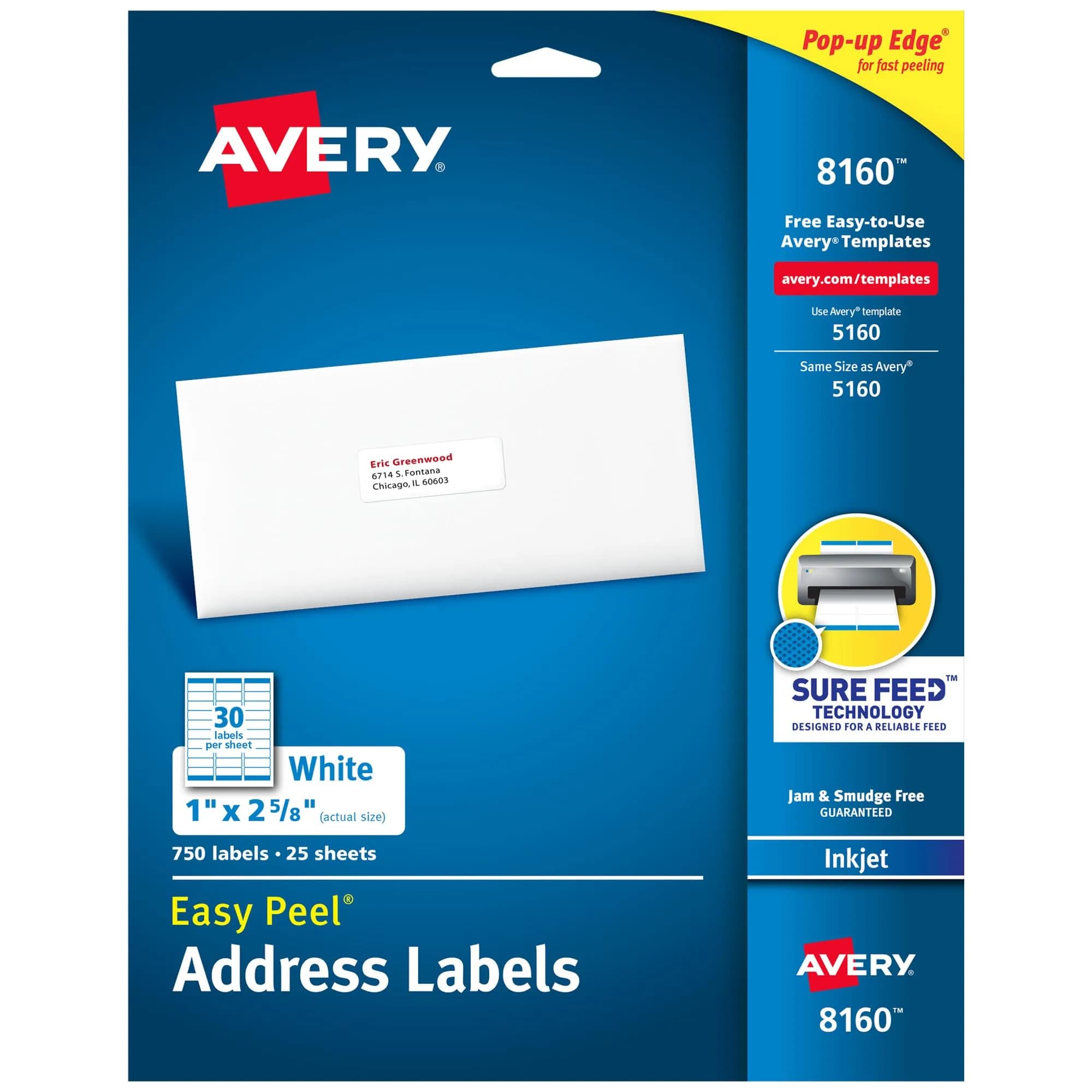 Avery Easy Peel Address Labels, Inkjet Printers, White, 1" x 2-5/8", Box of 750 Labels | Professional Grade