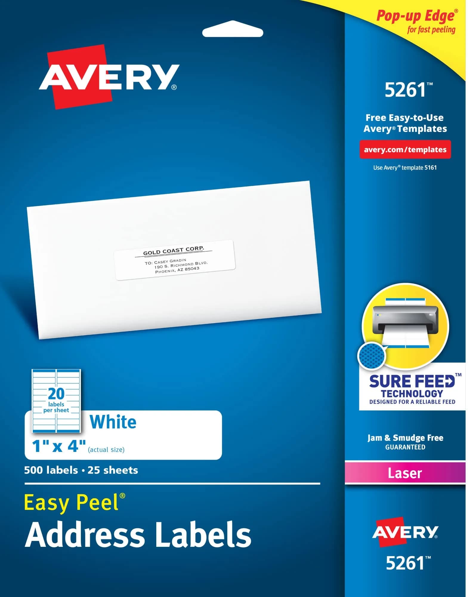Avery Easy Peel Printable Address Labels with Sure Feed, 1" x 4", White, 500 Blank Mailing Labels | Reliable Printer Feed - main product image