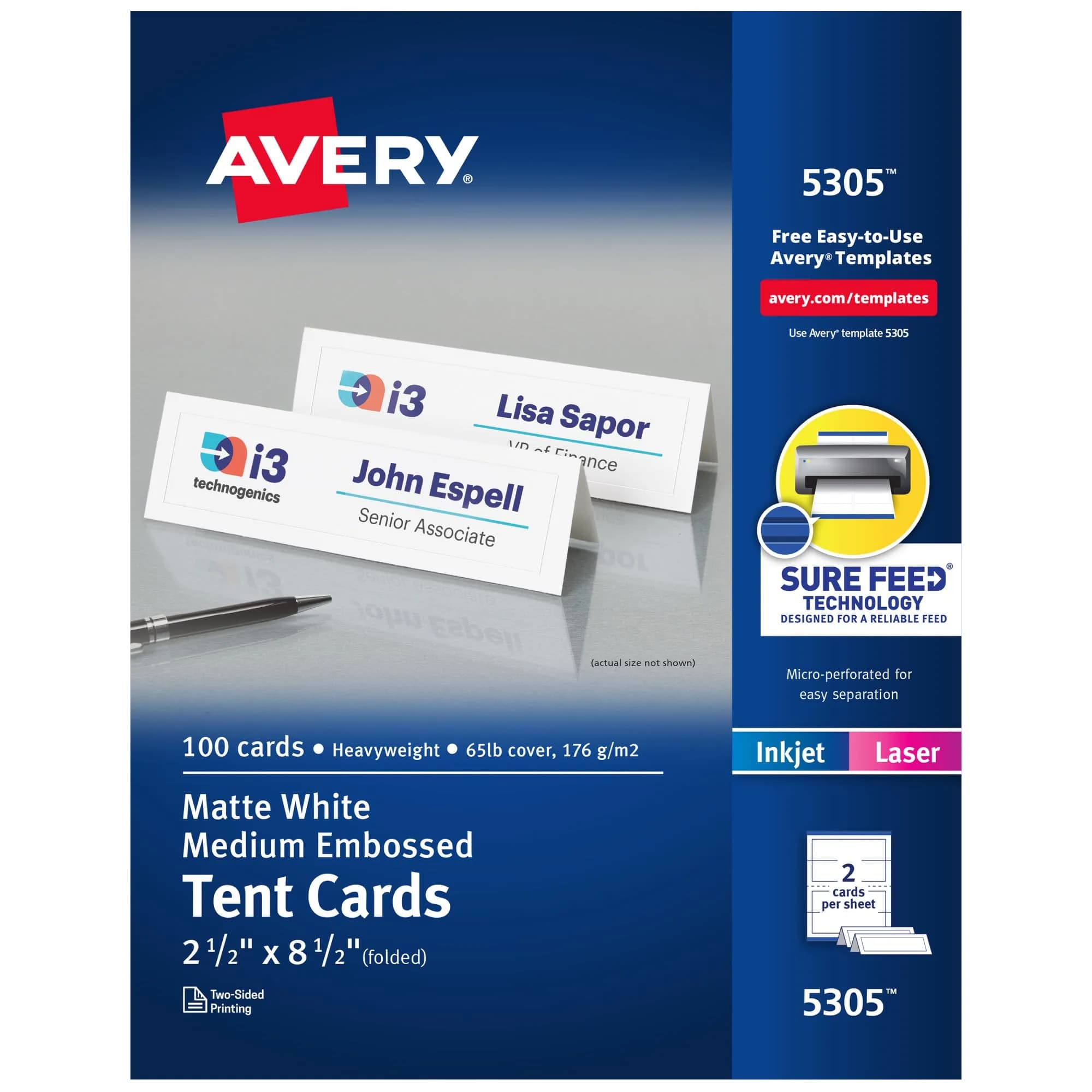 Avery Printable Tent Cards, 2.5" x 8.5", Matte White, 100 Place Cards | Customizable, Heavyweight Cardstock, Perfect for Events — White