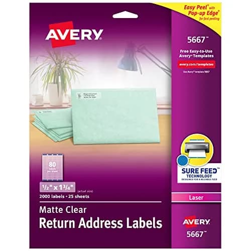 Avery Matte Clear Return Address Labels 0.5" x 1.75" | Sure Feed Technology for Laser Printers thumbnail 1