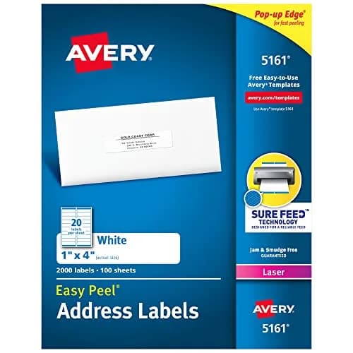Avery® Easy Peel Printable Address Labels with Sure Feed®, 1" x 4", White, 2,000 Labels | Optimized for Laser Printers thumbnail 1