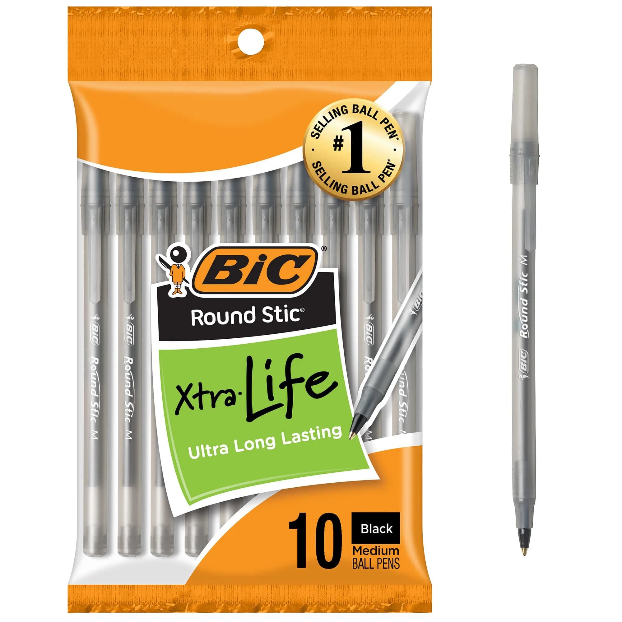 BIC Round Stic Xtra Life Black Ballpoint Pens, Medium Point (1.0mm), 10-Count Pack | Smooth Writing Comfort - main product image