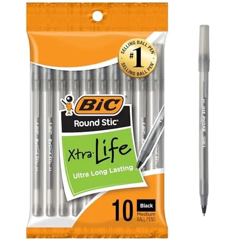 BIC Round Stic Xtra Life Black Ballpoint Pens, Medium Point (1.0mm), 10-Count Pack | Smooth Writing Comfort thumbnail 1
