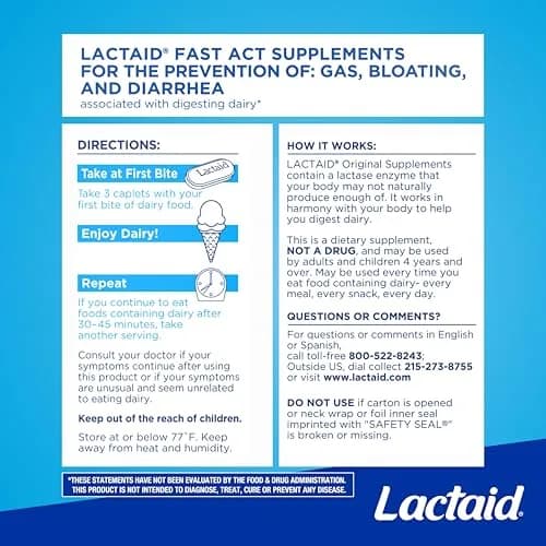 Lactaid Original Strength Lactase Enzyme Caplets 120 Count | Helps Prevent Gas, Bloating, and Diarrhea Associated with Dairy thumbnail 7