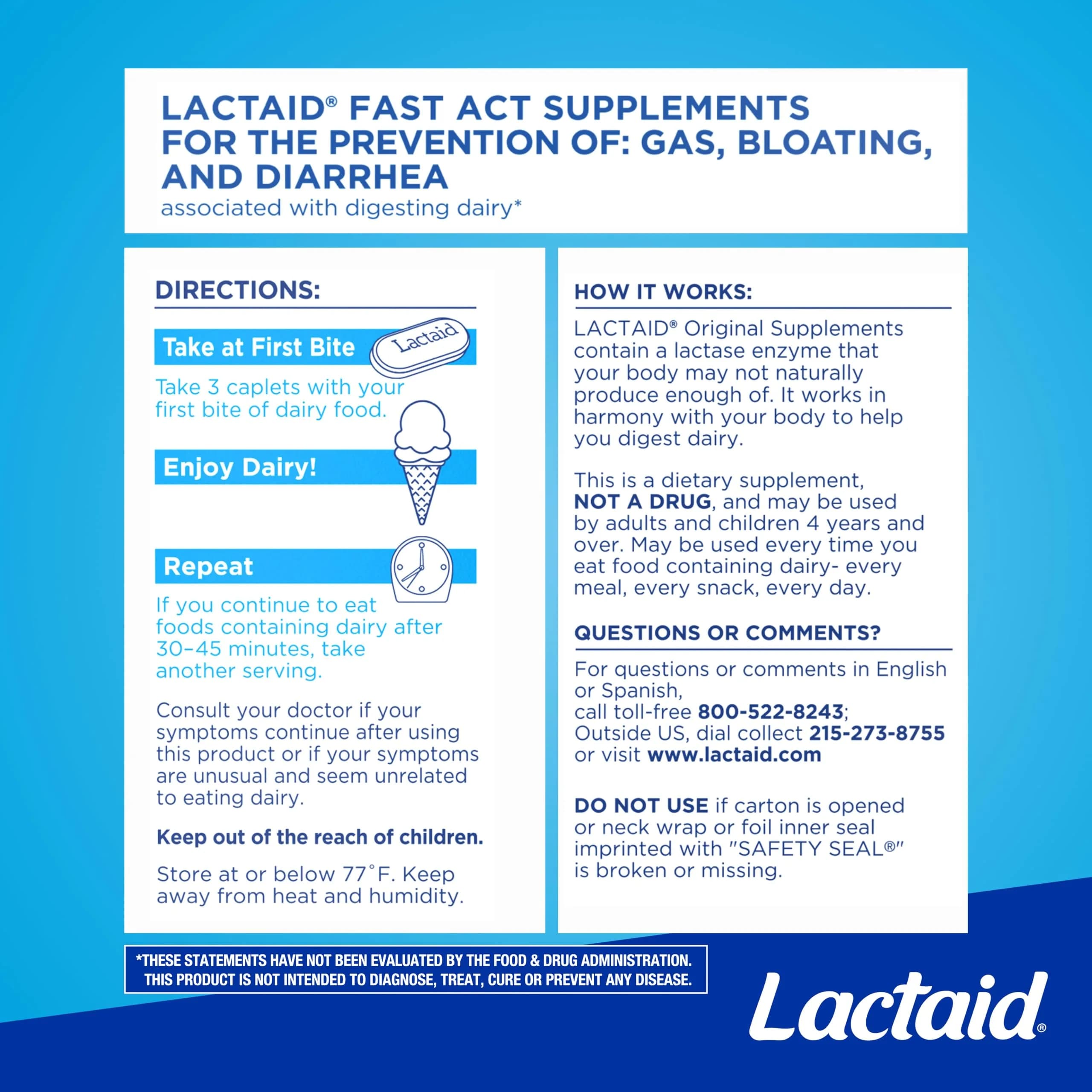 Lactaid Original Strength Lactase Enzyme Caplets 120 Count | Helps Prevent Gas, Bloating, and Diarrhea Associated with Dairy - view 7