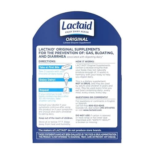 Lactaid Original Strength Lactase Enzyme Caplets 120 Count | Helps Prevent Gas, Bloating, and Diarrhea Associated with Dairy thumbnail 9
