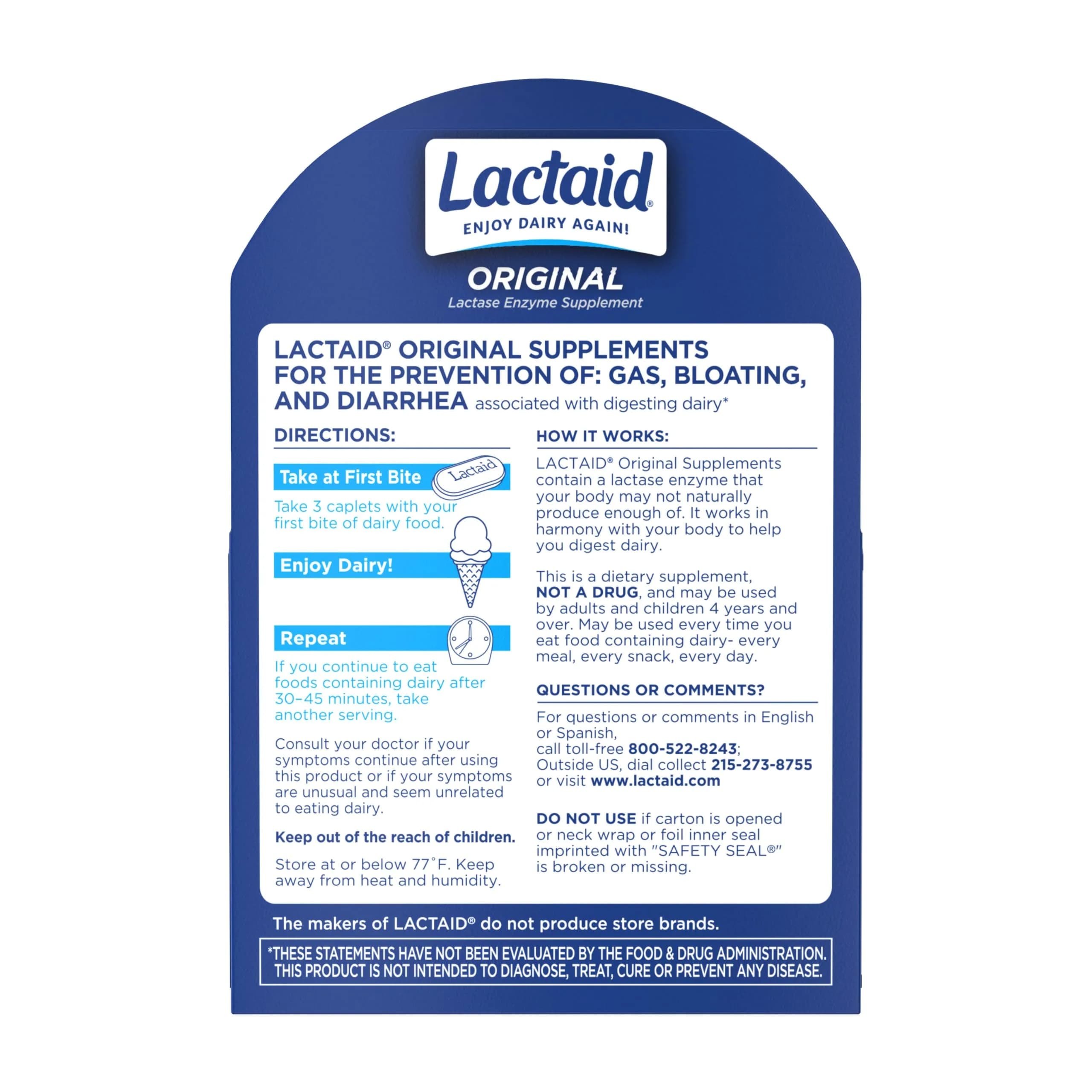 Lactaid Original Strength Lactase Enzyme Caplets 120 Count | Helps Prevent Gas, Bloating, and Diarrhea Associated with Dairy - view 9
