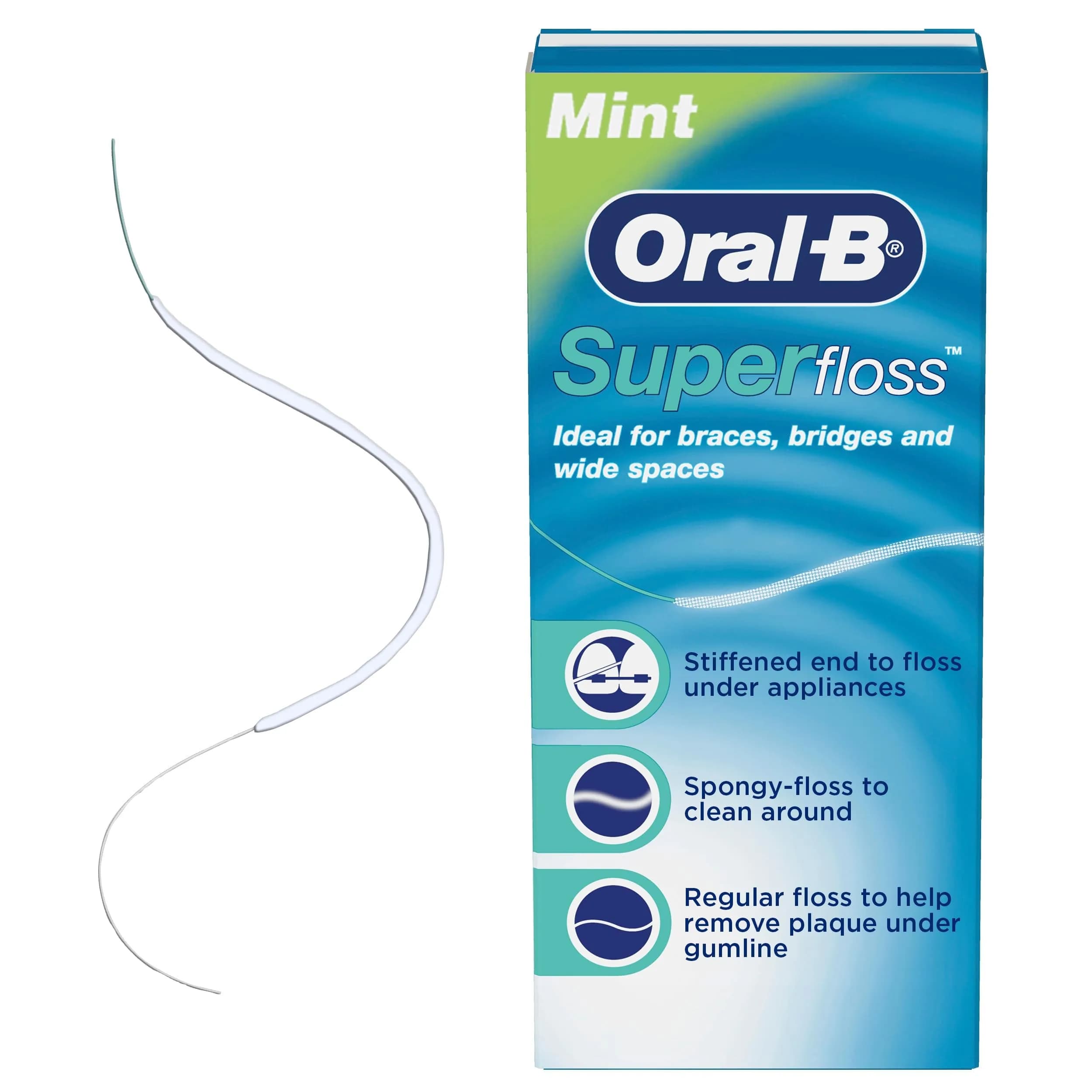 Oral-B Super Floss Pre-Cut Strands, 50 Count (15g) | Mint Flavor Dental Floss for Bridges, Braces, and Wide Spaces - main product image