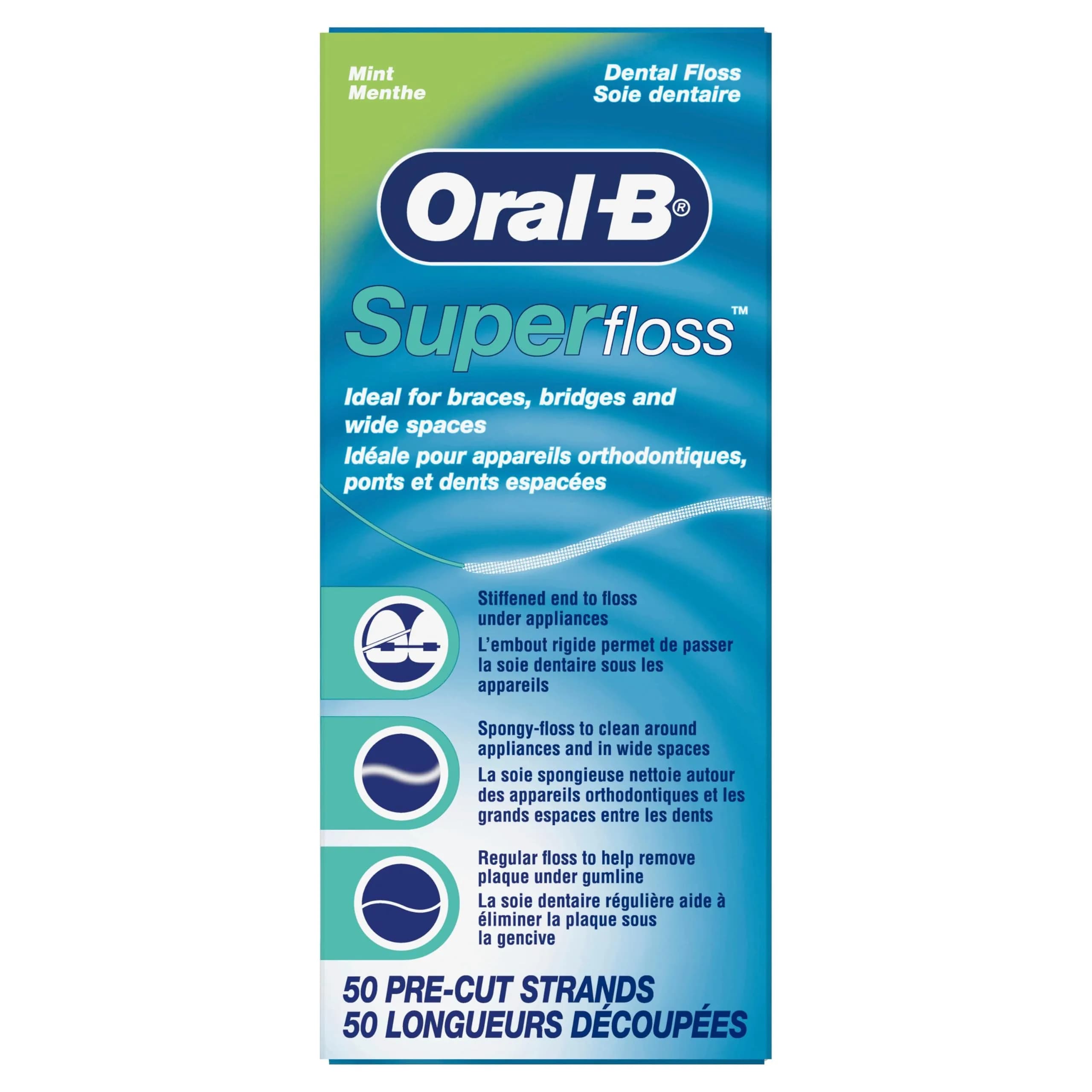 Oral-B Super Floss Pre-Cut Strands, 50 Count (15g) | Mint Flavor Dental Floss for Bridges, Braces, and Wide Spaces - view 2