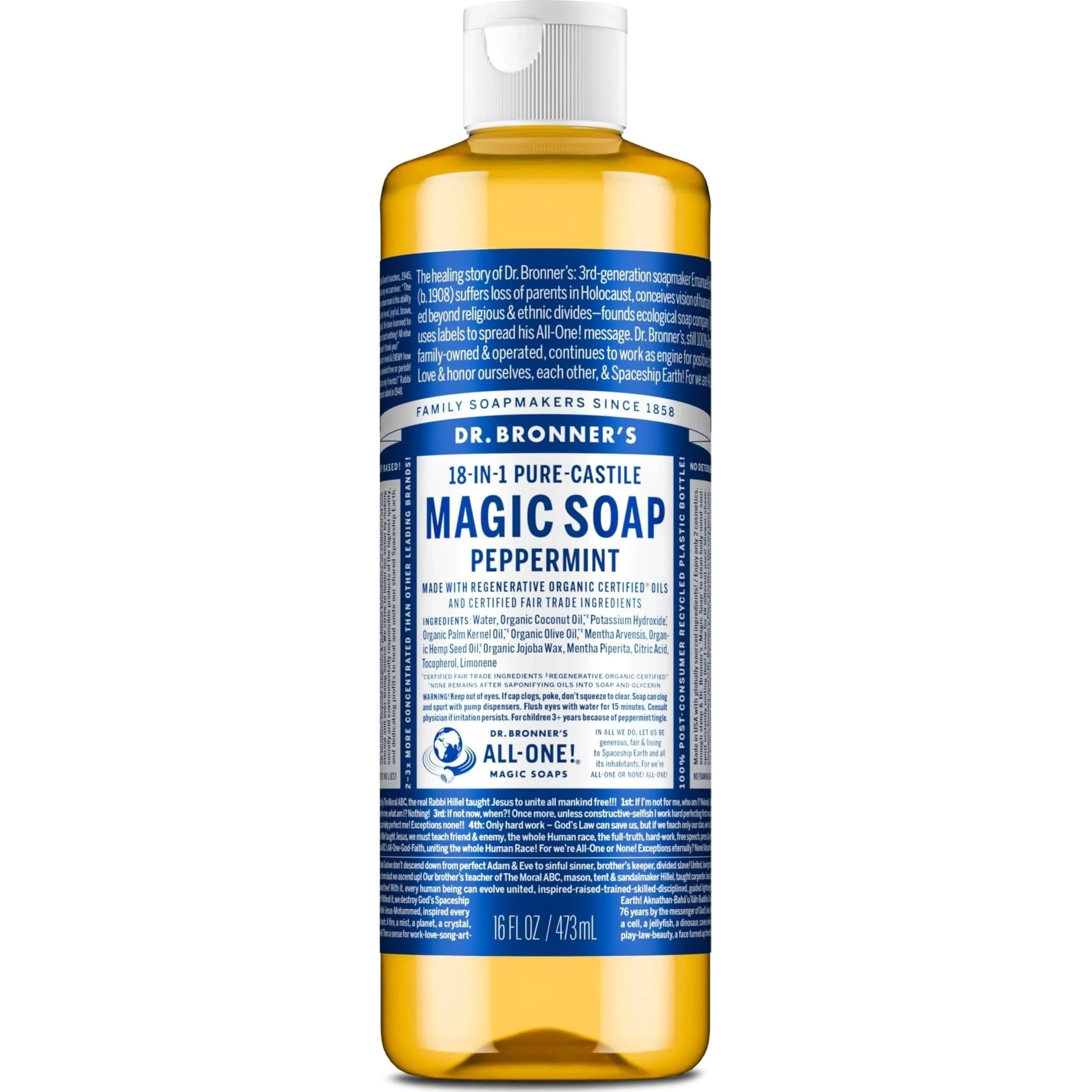 Dr. Bronner's Peppermint Pure-Castile Liquid Soap 473ml (16 Fl Oz) | All-One Multi-Purpose Cleaner - main product image