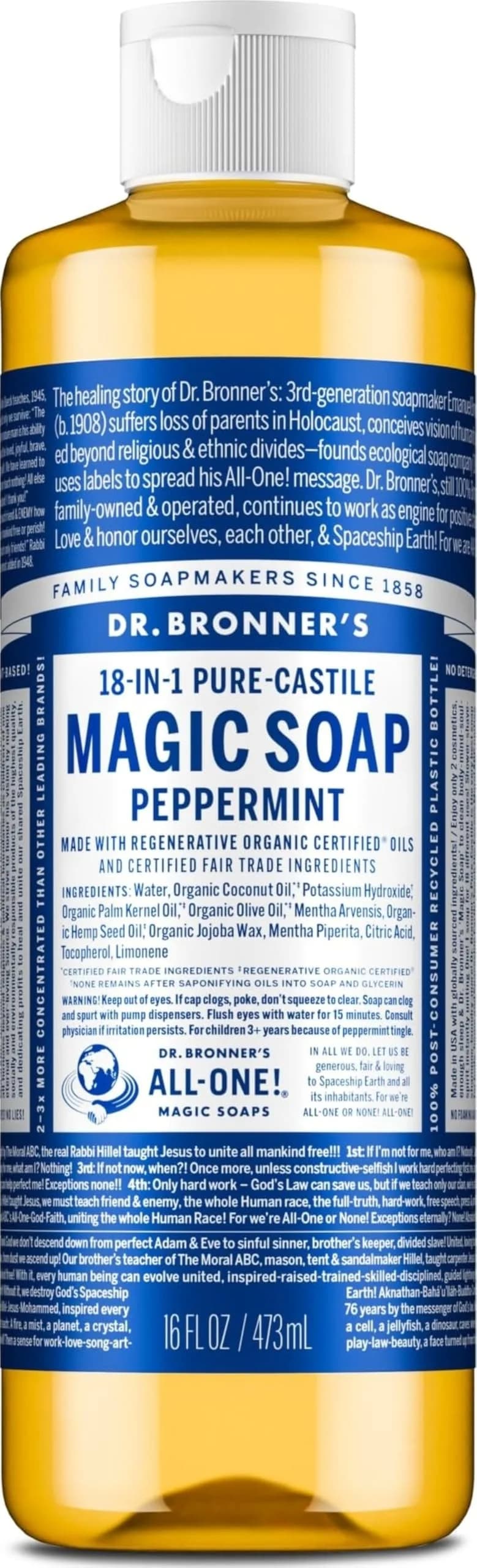 Dr. Bronner's Peppermint Pure-Castile Liquid Soap 473ml (16 Fl Oz) | All-One Multi-Purpose Cleaner — 16 Fl Oz