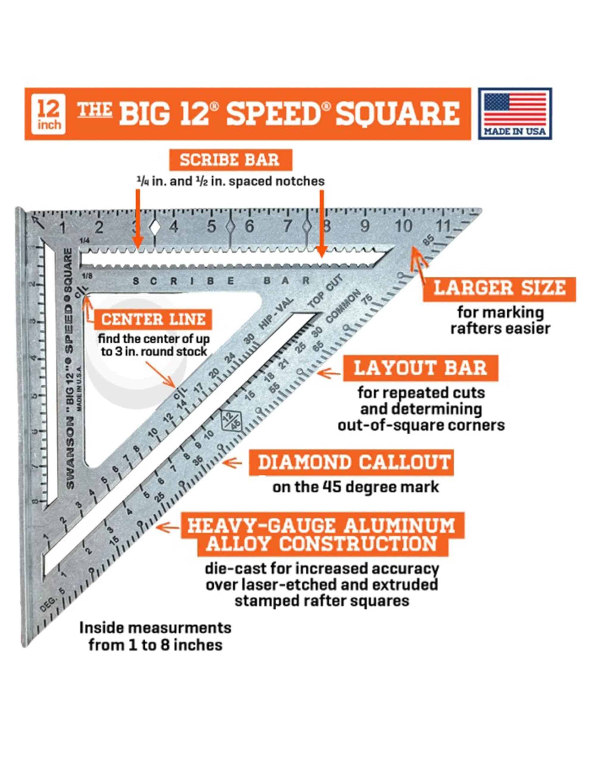 Swanson Tool Co S0107 "Big 12" 12-Inch Speed Square Layout Tool - Die-Cast Aluminum - view 2