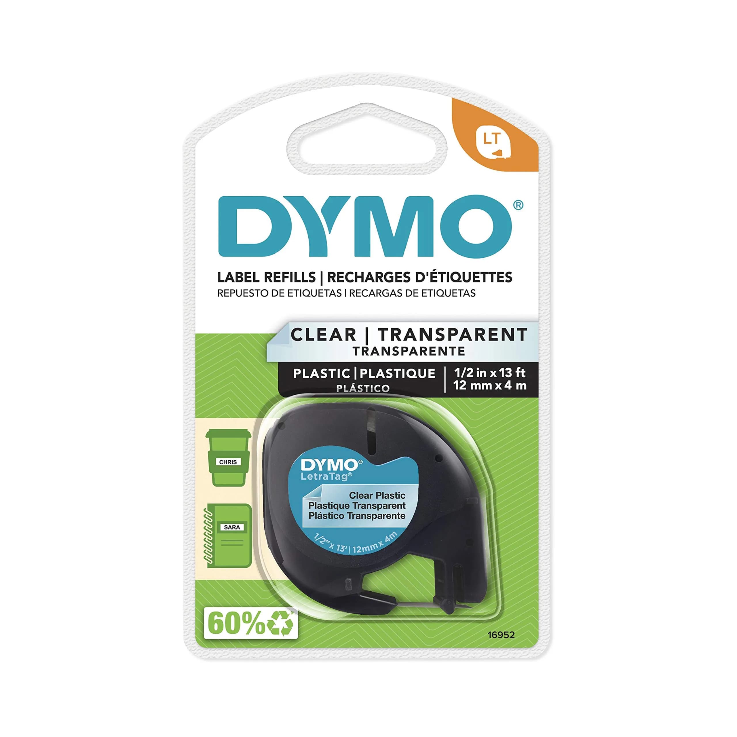 DYMO LetraTag Labeling Tape Black on Clear 12mm (0.47'') x 13' | Authentic USA Import for Label Makers
