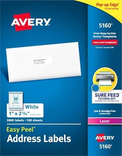 Avery Easy Peel Printable Address Labels 1" x 2-5/8" White 7,500 Labels | Sure Feed Technology for Laser Printers — 3,000 labels / 1 in. X 2-5/8 in.