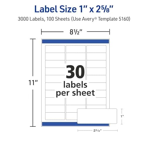 Avery Easy Peel Printable Address Labels 1" x 2-5/8" White 3000 Labels | Sure Feed Technology for Jam-Free Printing thumbnail 6
