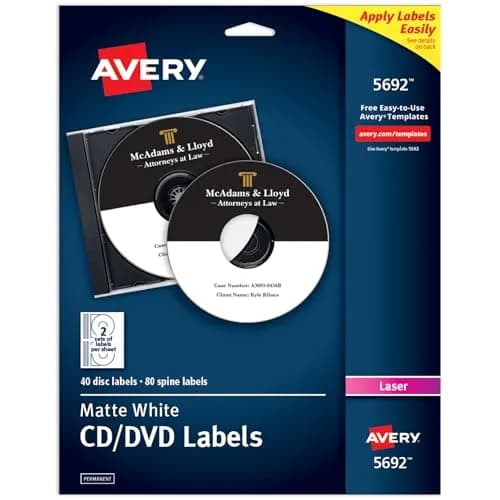 Avery Printable CD Labels, Matte White, Permanent Adhesive, Laser Printable, 40 Labels & 80 Spine Stickers | Professional Media Organization thumbnail 1