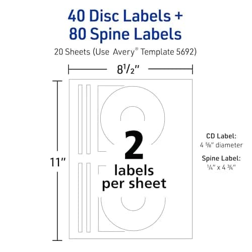 Avery Printable CD Labels, Matte White, Permanent Adhesive, Laser Printable, 40 Labels & 80 Spine Stickers | Professional Media Organization thumbnail 3