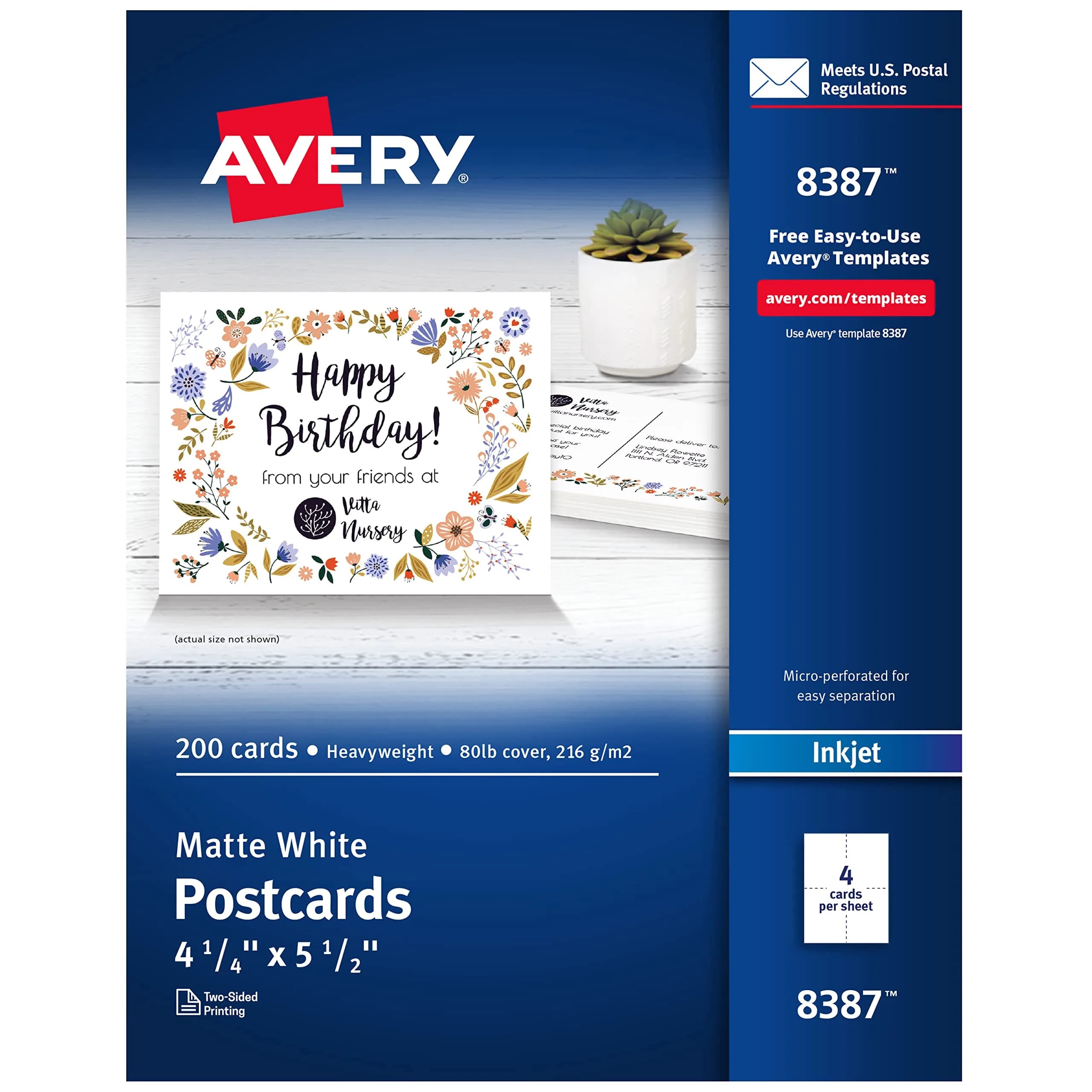 Avery Printable Postcards 4.25" x 5.5" Matte White | Customizable, Double-Sided, 200 Cards