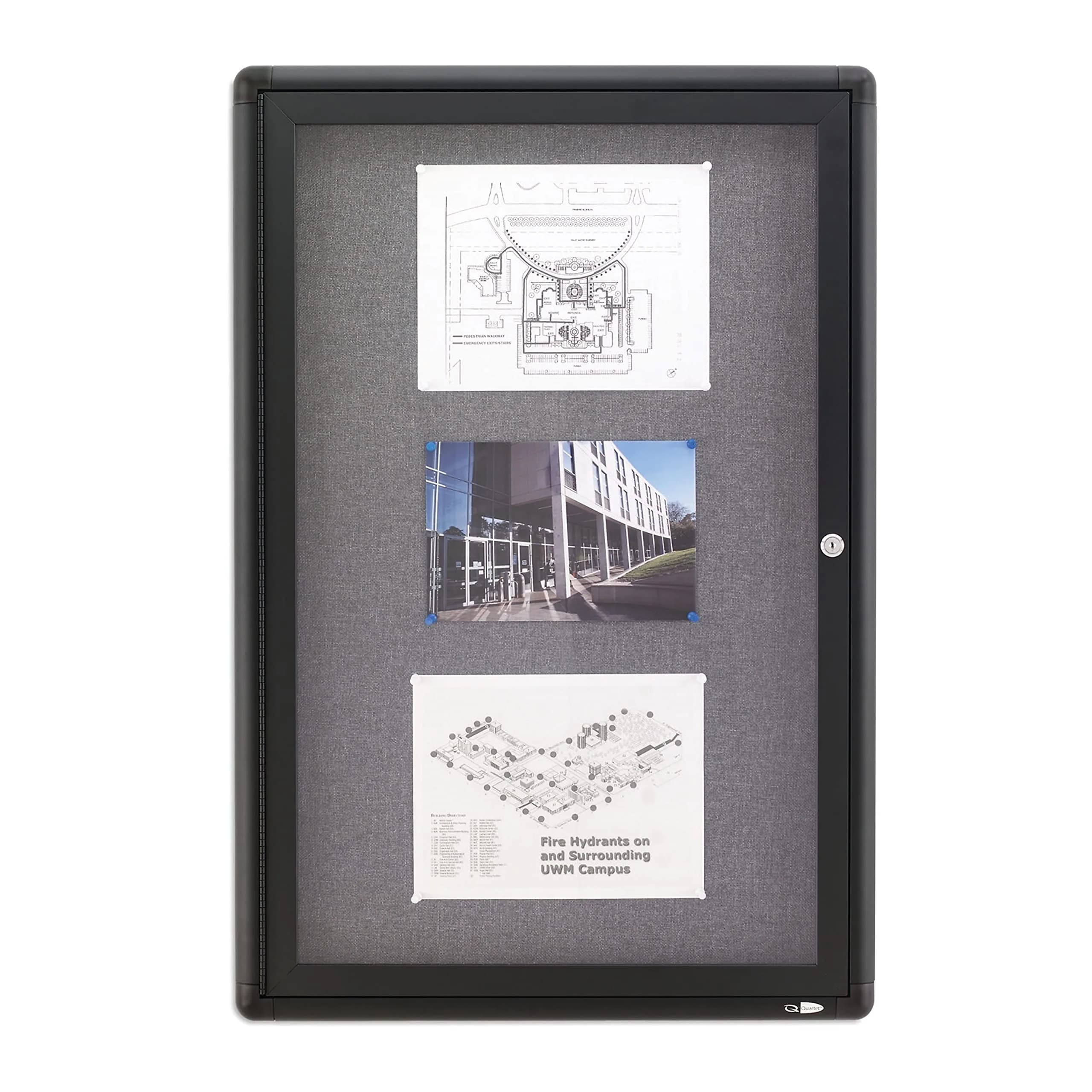 Quartet 24"W x 36"H Enclosed Fabric Bulletin Board | Lockable, Graphite/Gray, 61cm x 91cm - view 2