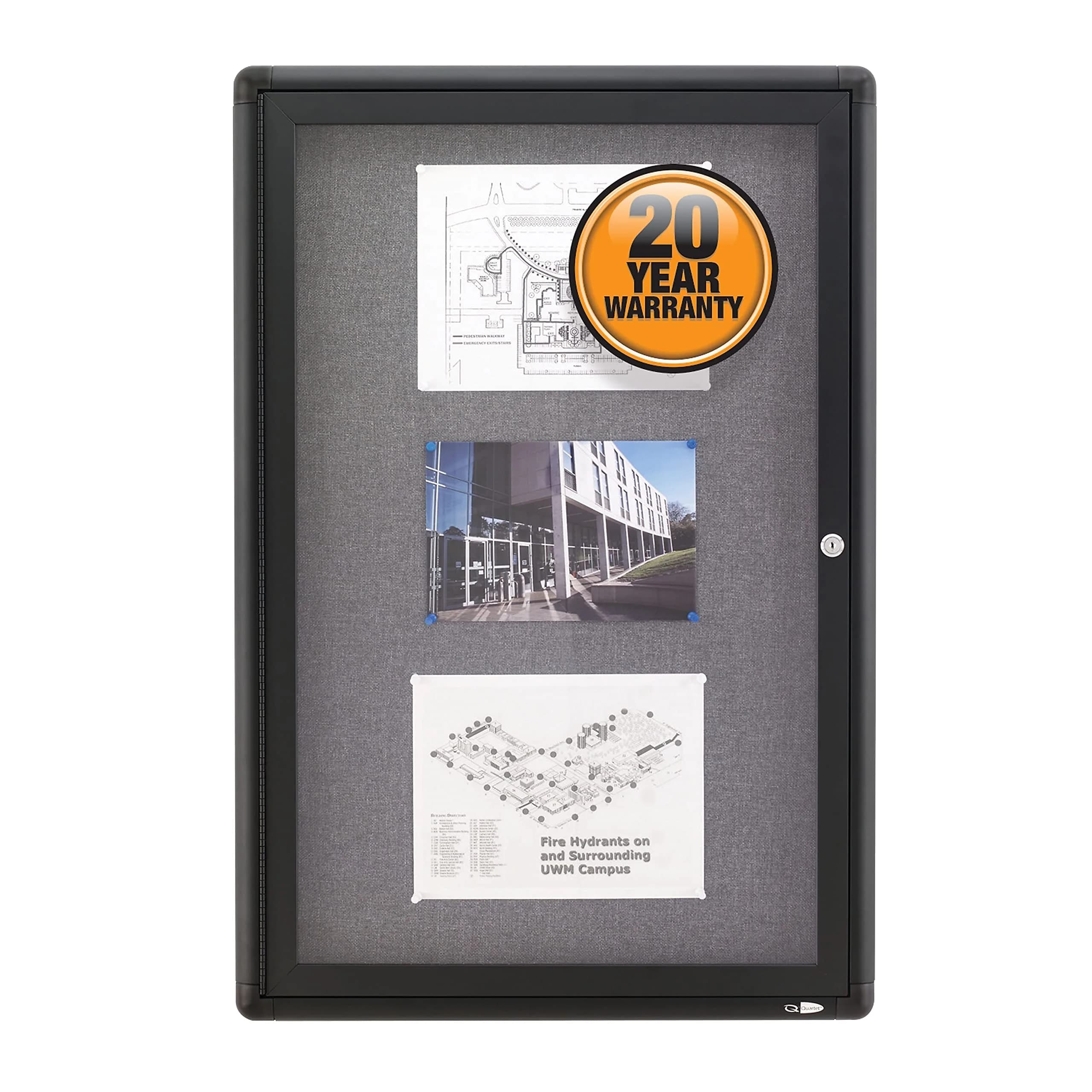 Quartet 24"W x 36"H Enclosed Fabric Bulletin Board | Lockable, Graphite/Gray, 61cm x 91cm - view 3