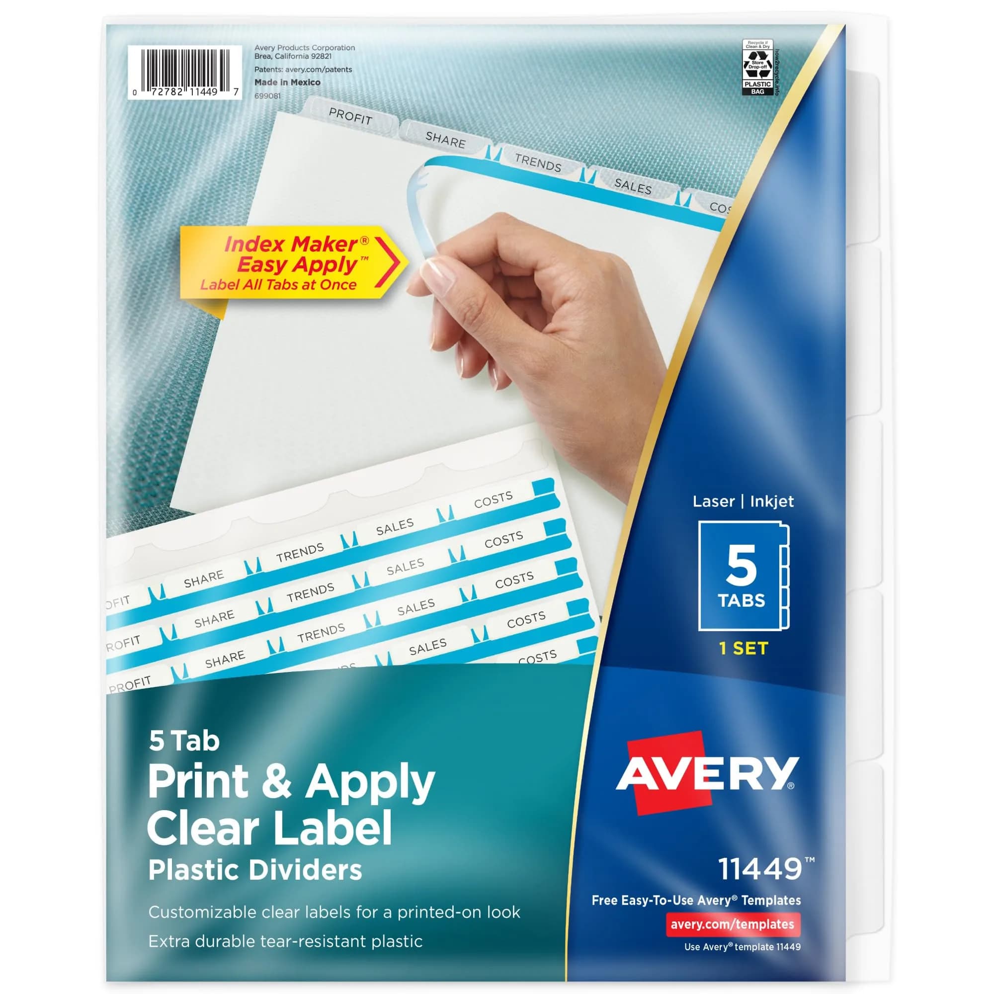 Avery 5 Tab Plastic Dividers for 3 Ring Binder | Customizable Frosted White Tabs, Easy Print & Apply, 1 Set (11449) — Frosted White