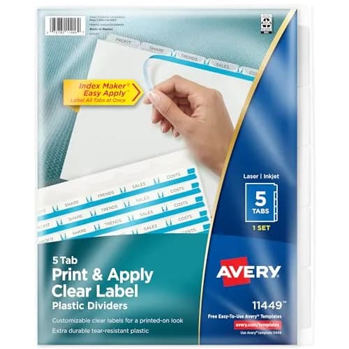 Avery 5 Tab Plastic Dividers for 3 Ring Binder | Customizable Frosted White Tabs, Easy Print & Apply, 1 Set (11449) thumbnail 1
