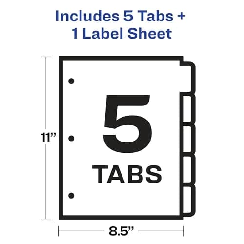 Avery 5 Tab Plastic Dividers for 3 Ring Binder | Customizable Frosted White Tabs, Easy Print & Apply, 1 Set (11449) thumbnail 6