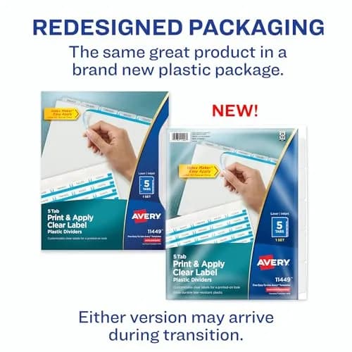 Avery 5 Tab Plastic Dividers for 3 Ring Binder | Customizable Frosted White Tabs, Easy Print & Apply, 1 Set (11449) thumbnail 2