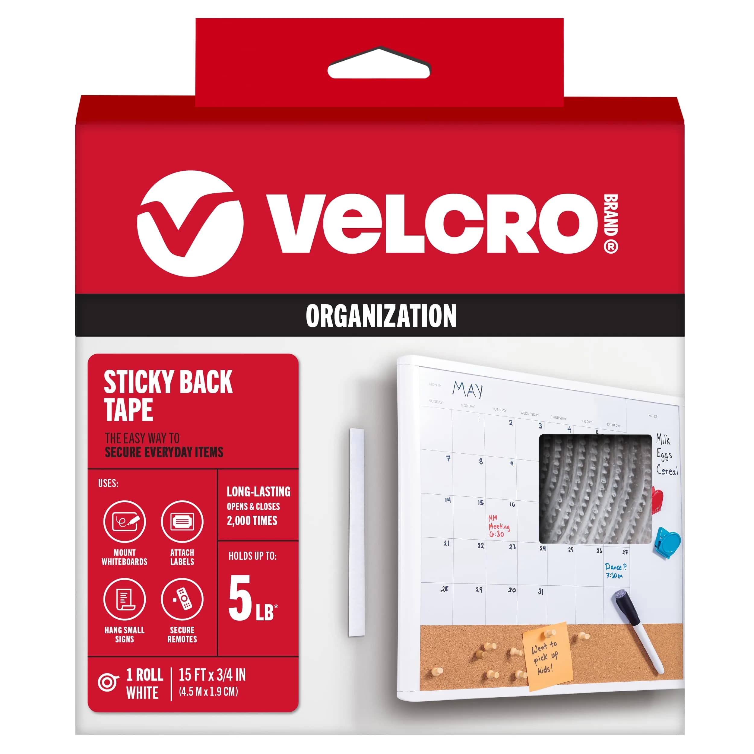 VELCRO Brand Sticky Back Hook and Loop Fasteners 15 Ft Tape Roll | Strong Adhesive for Home & Office — White