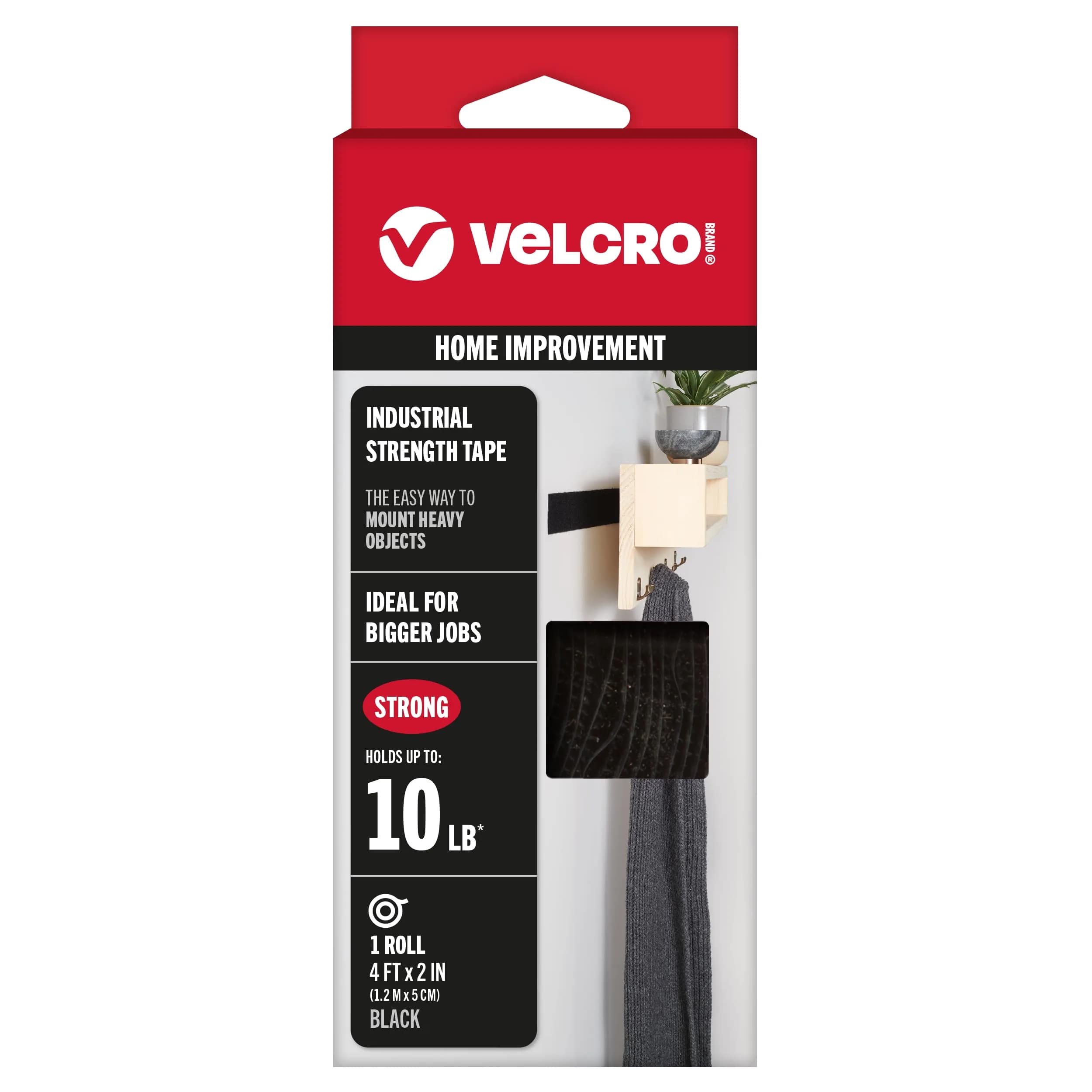 VELCRO Brand Industrial Strength Tape, Black, 2in x 4ft Roll | Heavy-Duty Water-Resistant Fastener