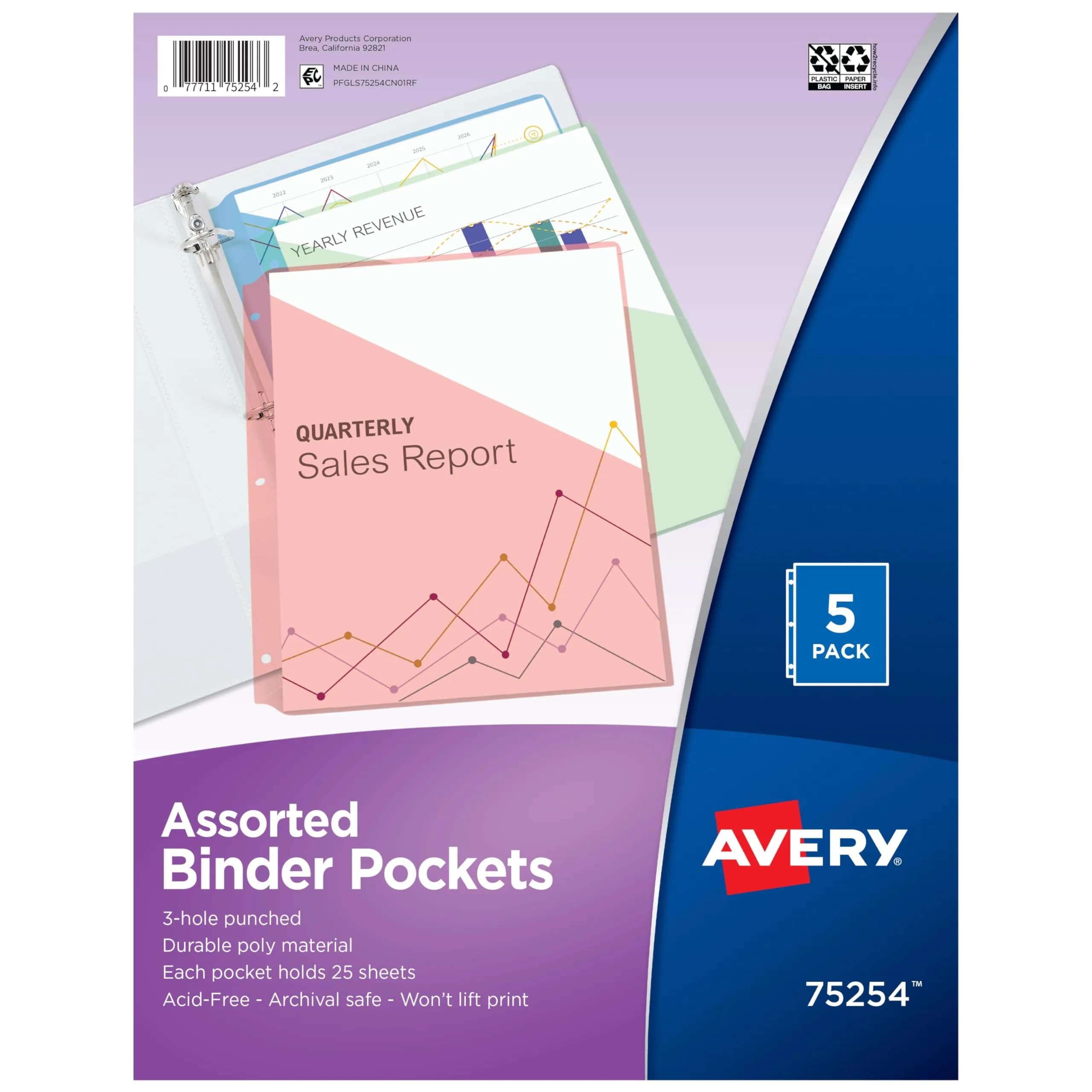 Avery Binder Pockets for 3 Ring Binders, Assorted Colors | Archival-Safe, Fits 8.5" x 11" Documents, 5 Pack