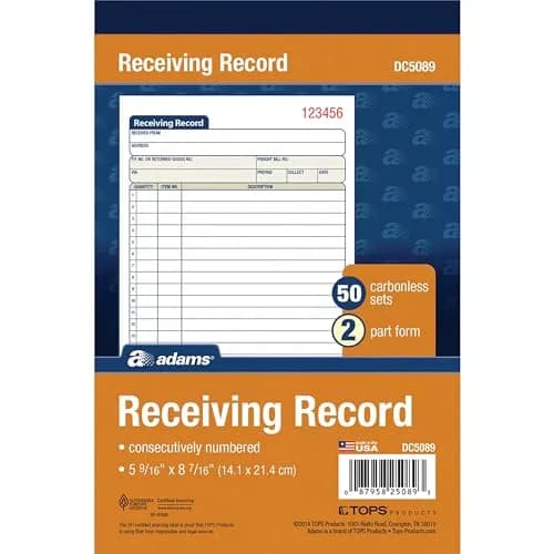 Adams Receiving Record Book, 2-Part, Carbonless, 8-7/16 x 5-9/16 Inches | 50 Sets, White/Canary thumbnail 2