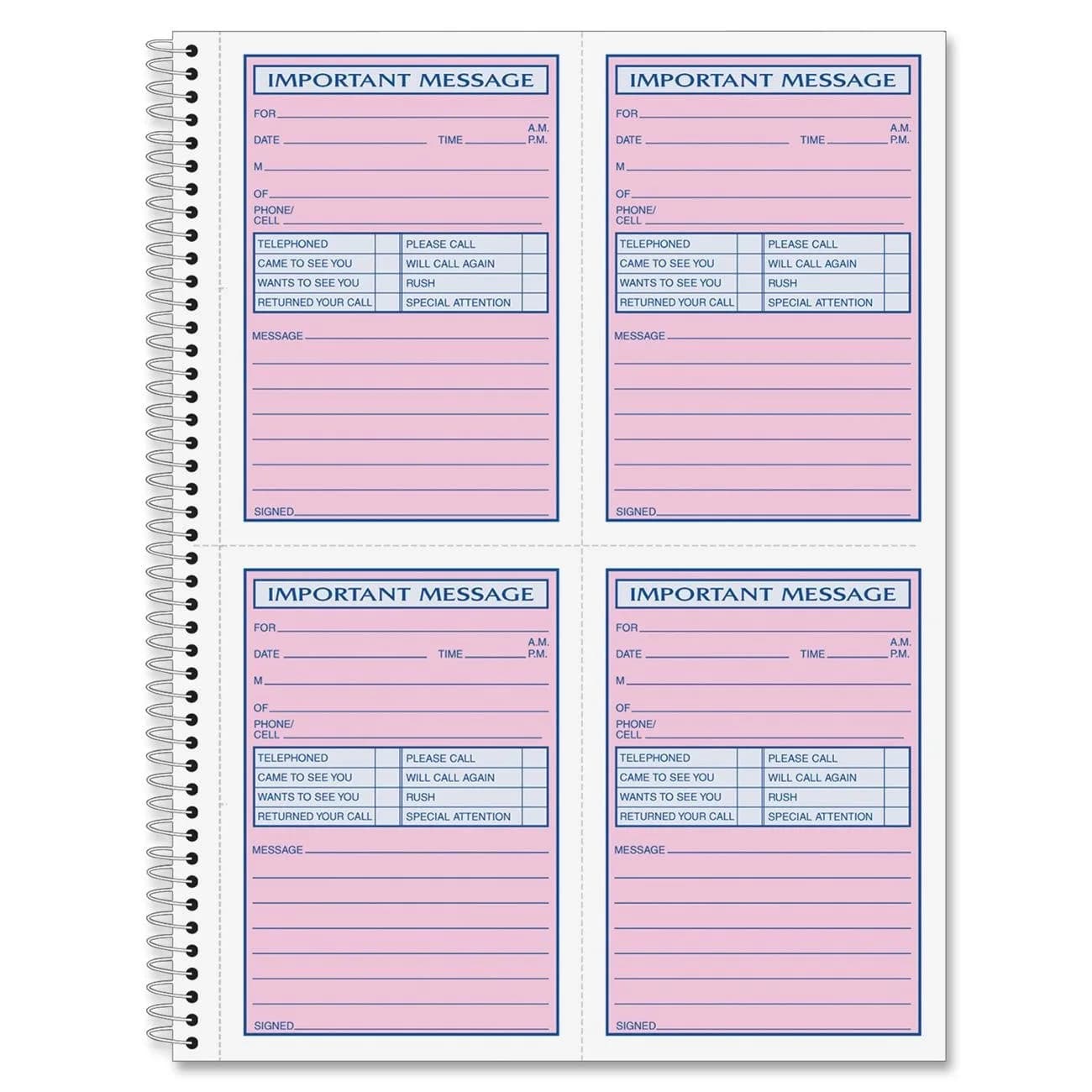 Adams Spiral Bound Phone Message Book, Carbonless Duplicate, 4 Messages per Page, 200 Sets | 1 Pack - main product image