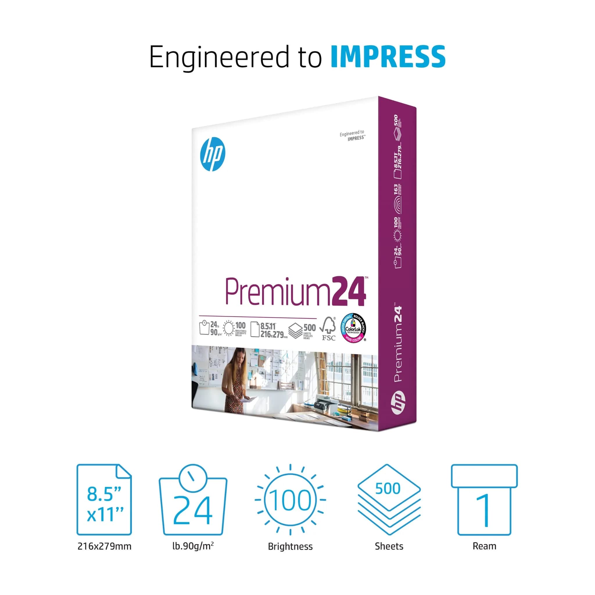 HP Papers Premium24 Printer Paper 8.5 x 11, 24 lb, 500 Sheets, 100 Bright | FSC Certified, Made in USA - view 2