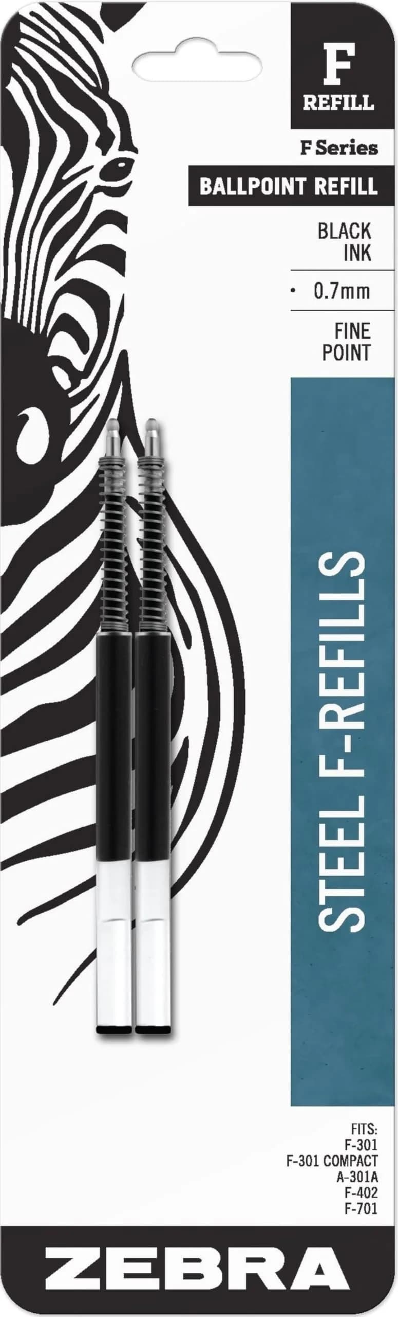 Zebra Pen F-Refill Ballpoint Pen Refills 0.7mm Fine Point Black Ink, 2-Pack | Smooth Ink Flow for Students & Professionals