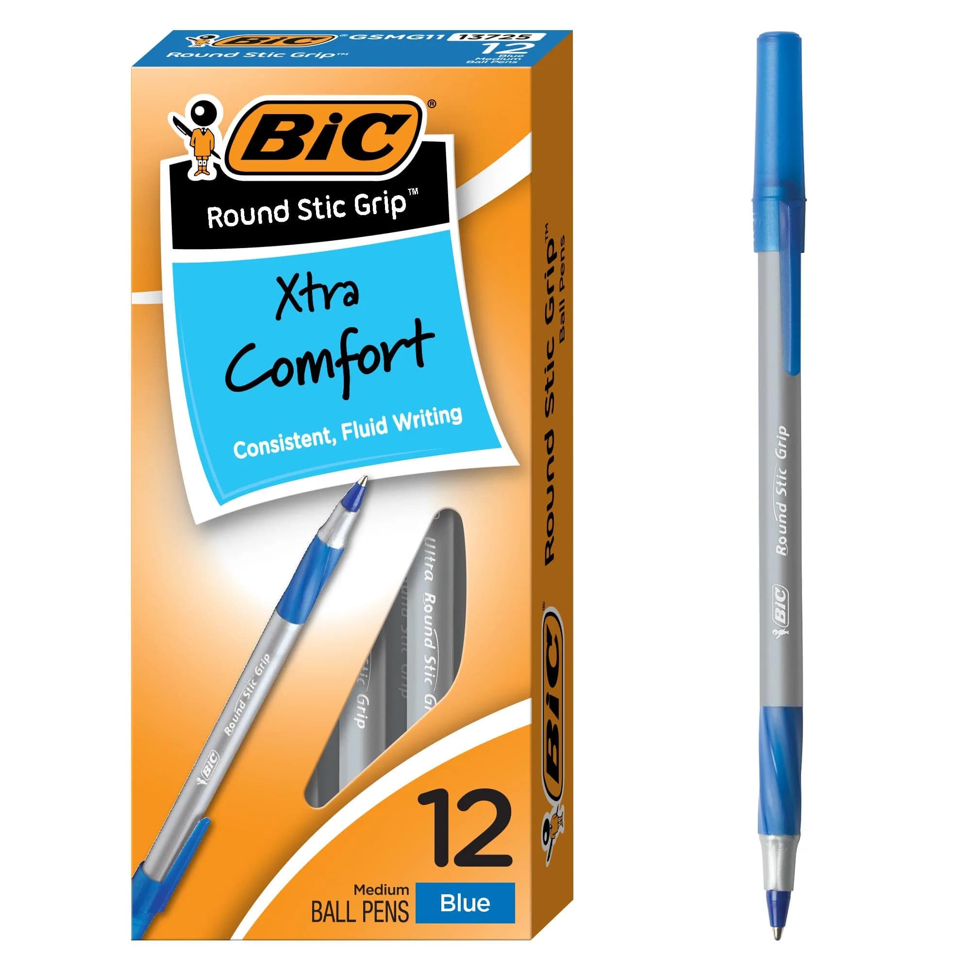 BIC Round Stic Grip Xtra Comfort Blue Ballpoint Pens, Medium Point (1.2mm), 12-Count Pack | Smooth Ink Flow - main product image
