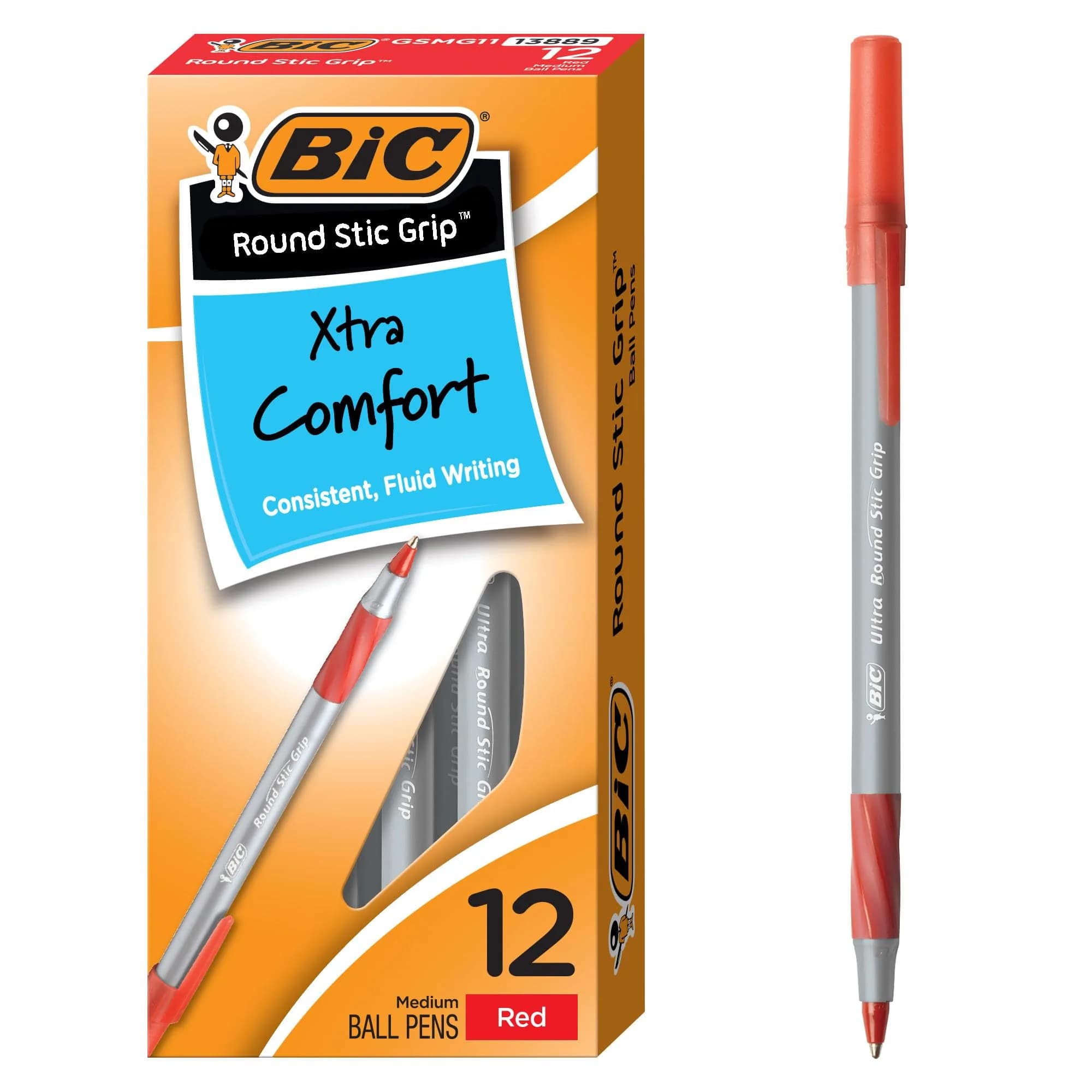 BIC Round Stic Grip Xtra Comfort Red Ballpoint Pens, Medium Point (1.2mm), 12-Count Pack | Smooth Ink Flow - main product image