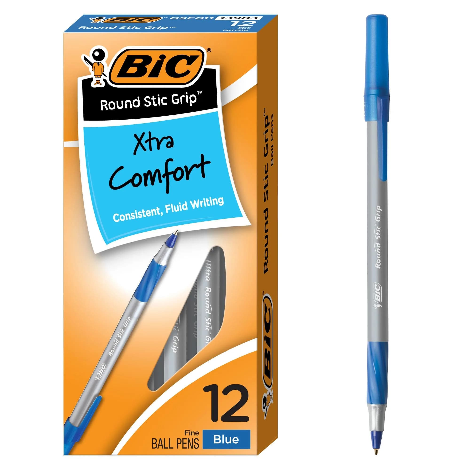 BIC Round Stic Grip Xtra Comfort Fine Blue Ballpoint Pens, 0.8mm, 12-Count Pack | Smooth Ink Flow for Students & Office - main product image