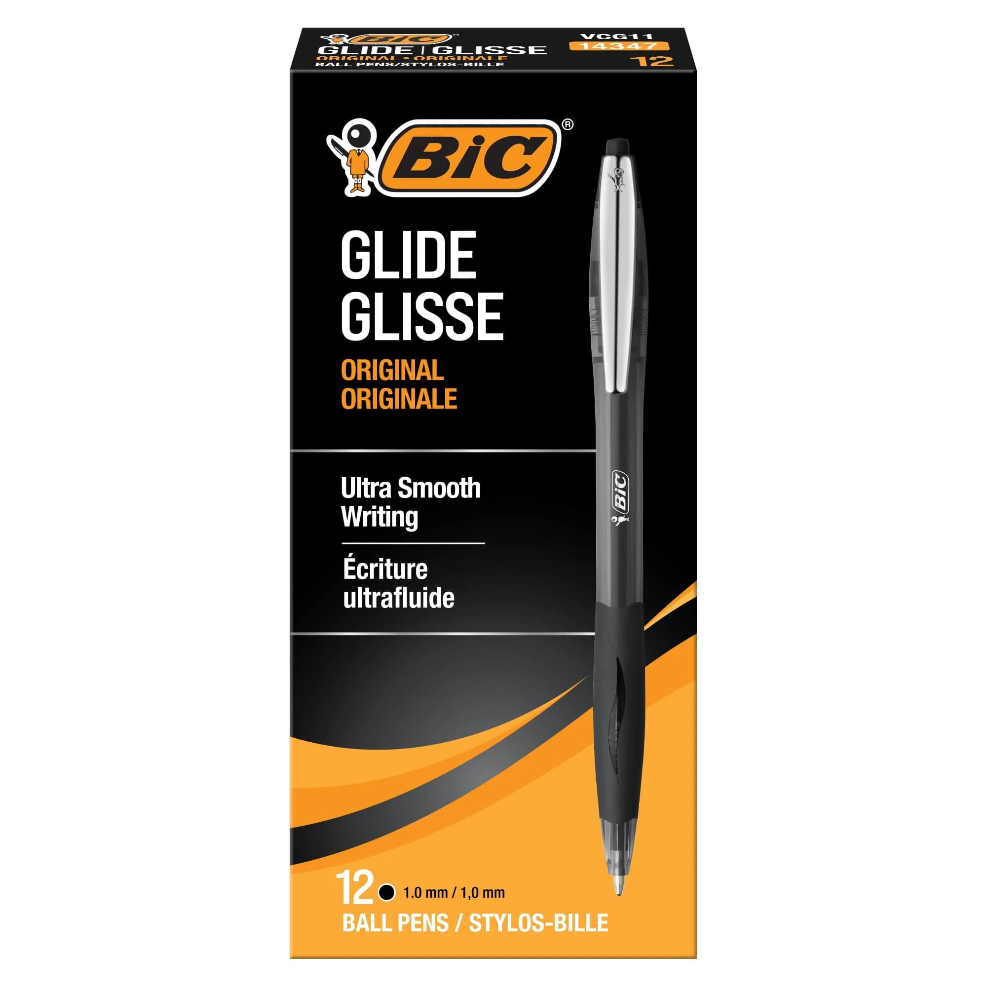 BIC Glide Black Retractable Ballpoint Pens 12 Pack | Medium Point, Smooth Writing, Comfortable Rubber Grip — Black