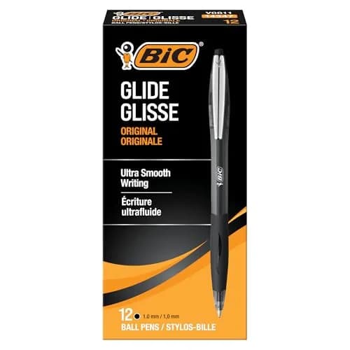 BIC Glide Black Retractable Ballpoint Pens 12 Pack | Medium Point, Smooth Writing, Comfortable Rubber Grip thumbnail 1
